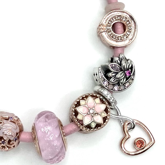 Authentic PANDORA Rose Gold two-tone w/ pink leather-band adjustable bracelet - Picture 3 of 8